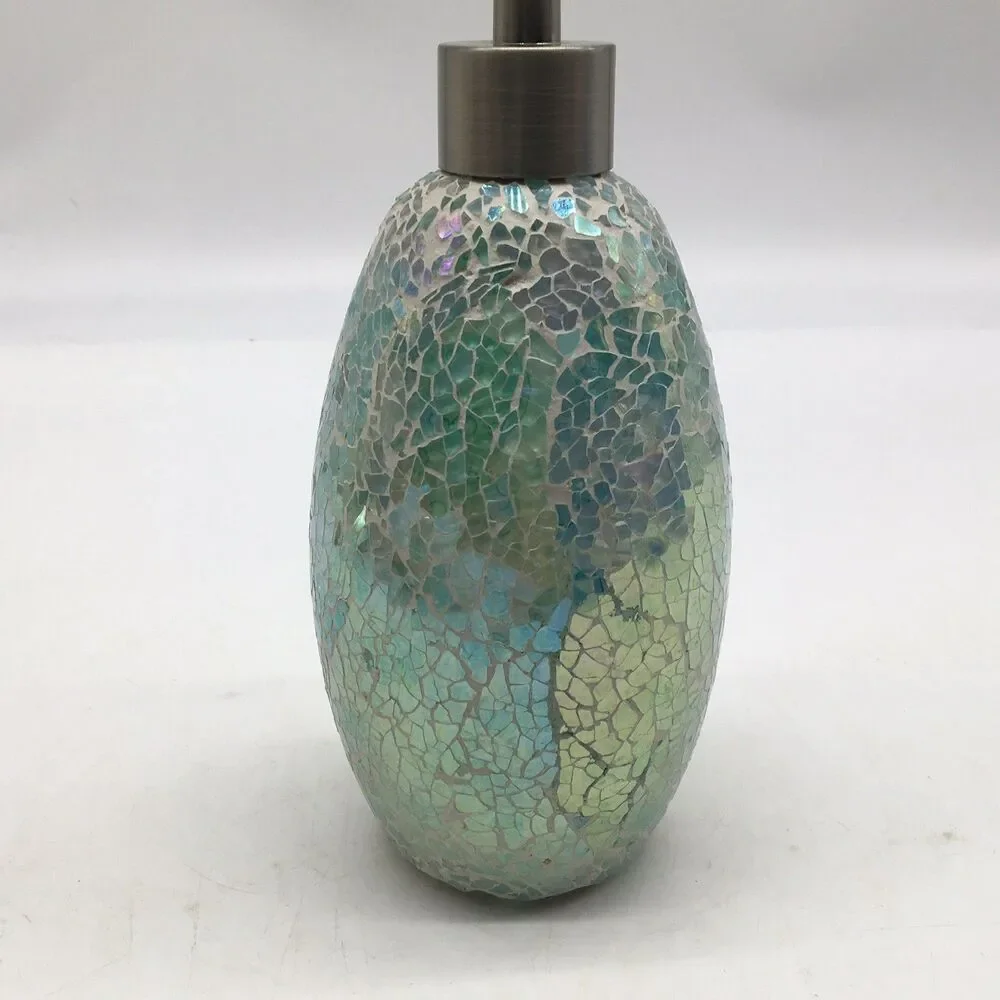 Blue Green Mosaic Glass Silver Tone 8” Soap Lotion Dispenser Never Used READ